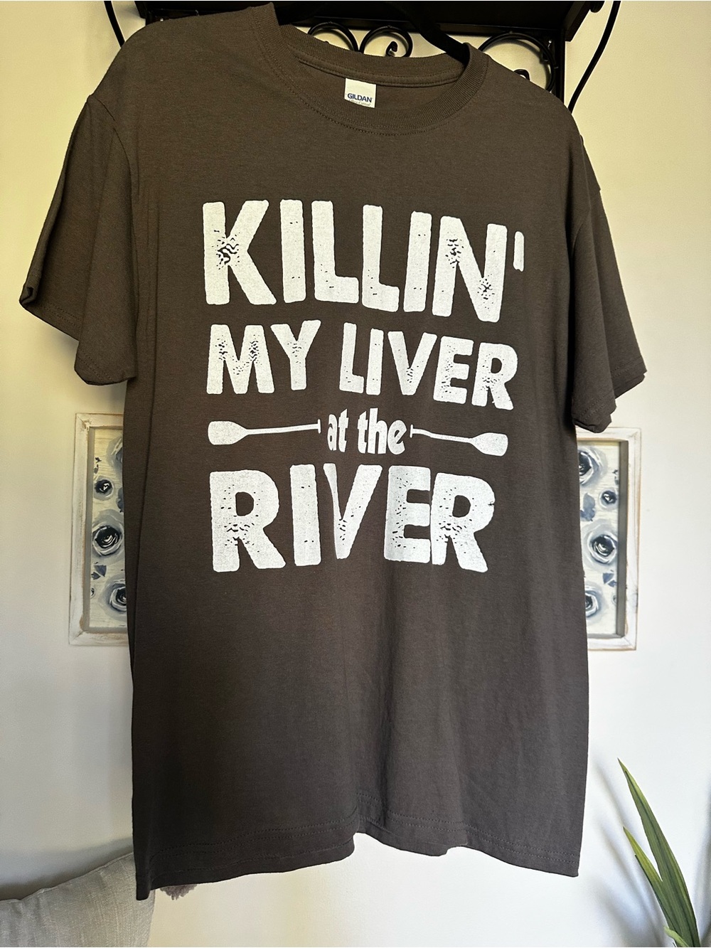 Unisex Gray Short-Sleeve Tee with White 'Killin' My Liver at the River' Graphic